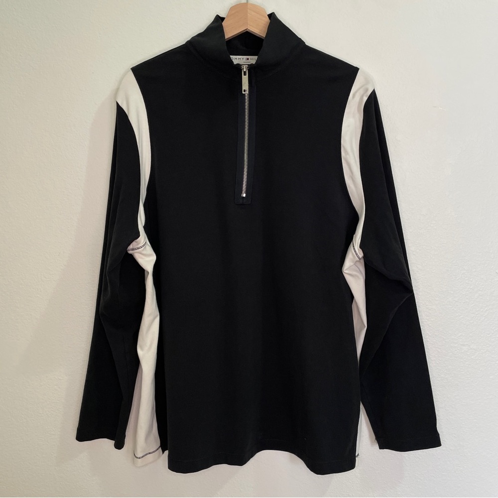 Vintage Tommy Hilfiger Side Stripes 1/4 Zip Mock Neck Shirt - Black & Ivory